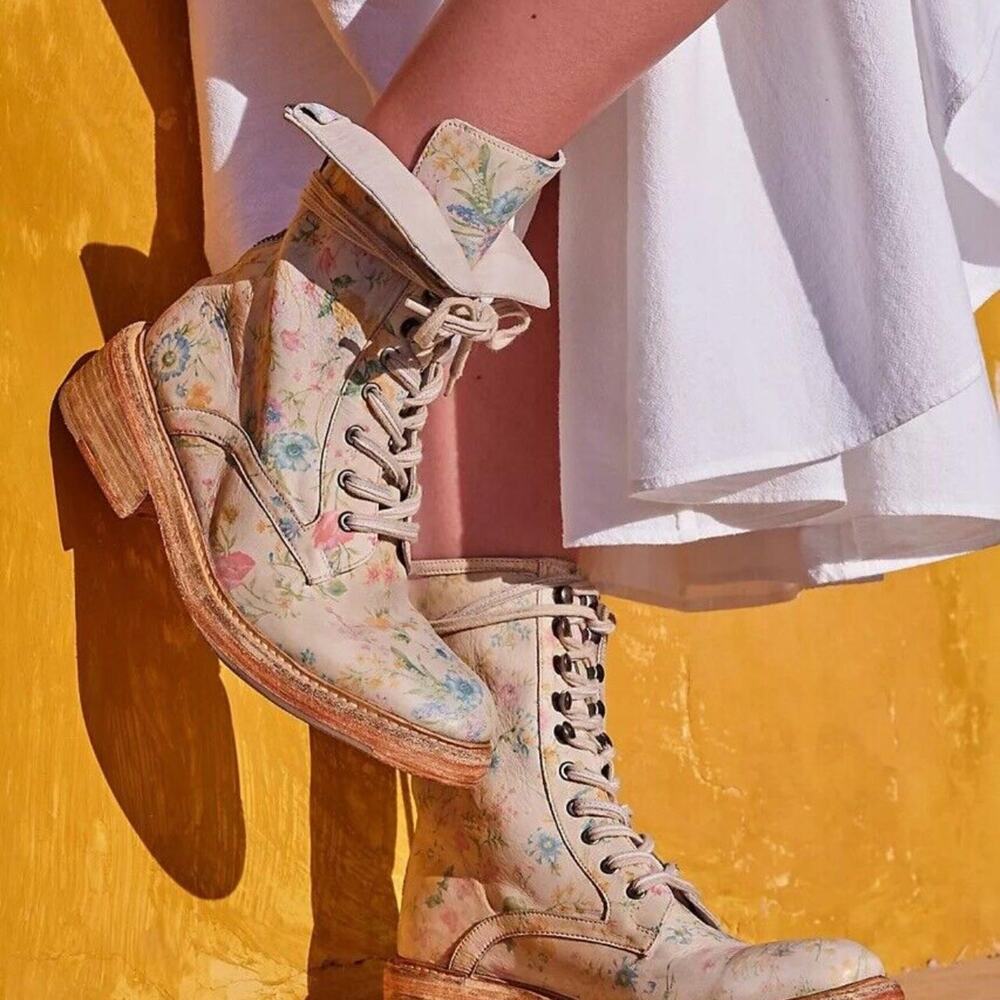 Free People Santa Fe Floral Leather Lace Up Boots